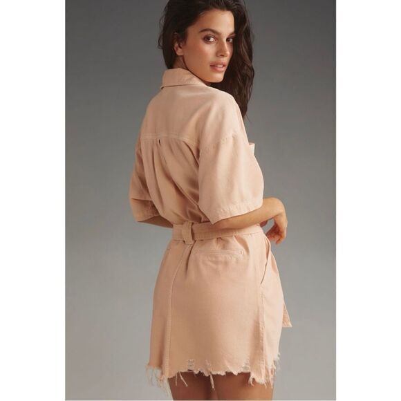 NEW Anthropologie Pilcro Peach Short-Sleeve Destructed Denim Mini Dress Small - Picture 3 of 5